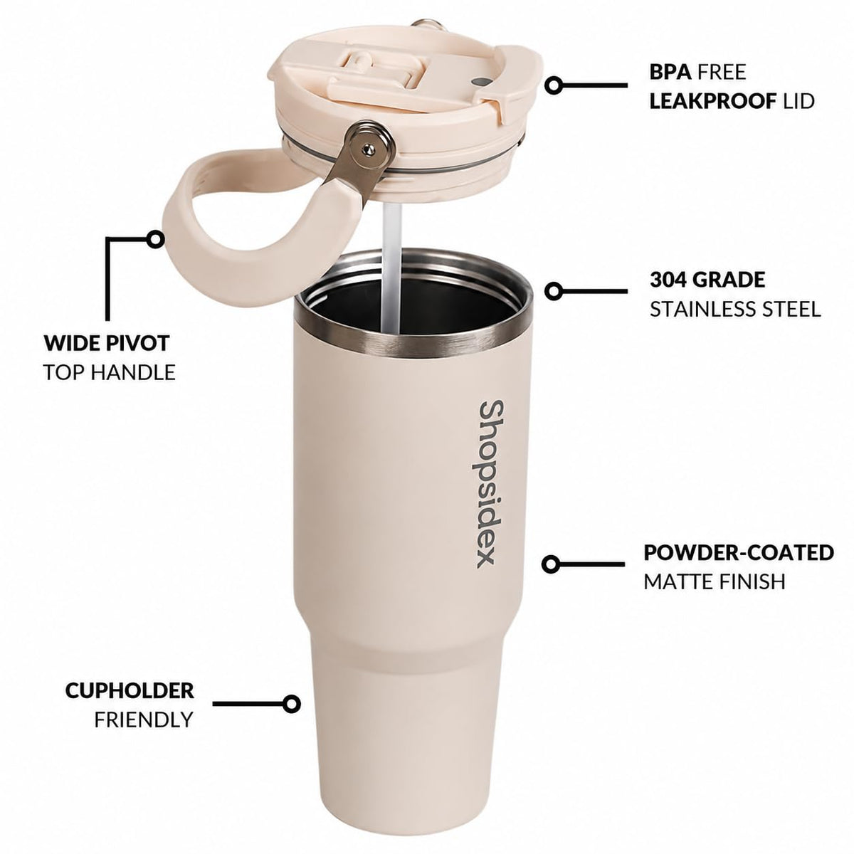 Tumbler with Straw & Top Handle 1.2L | Insulated Stainless Steel Sipper Water Bottle for Adults with Dual Flip Opening Sip-Swig Leakproof Lid for Office & Gym (Pearl White)
