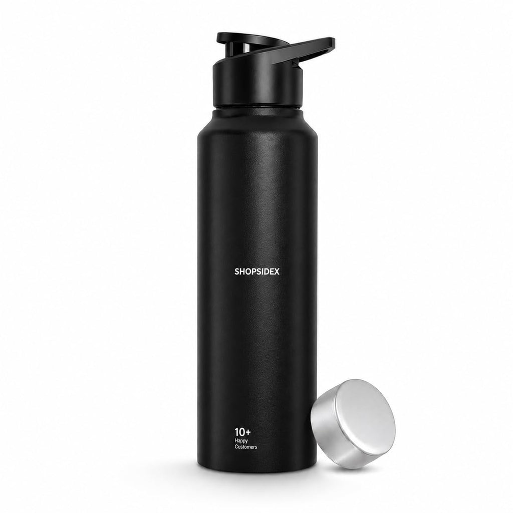 Water Bottle 1 ltr Stainless Steel Sports/Fridge Bottle with Dual Cap | Single Wall | For Home, Office, Gym, Travelling | Lightweight | BPA Free, Black