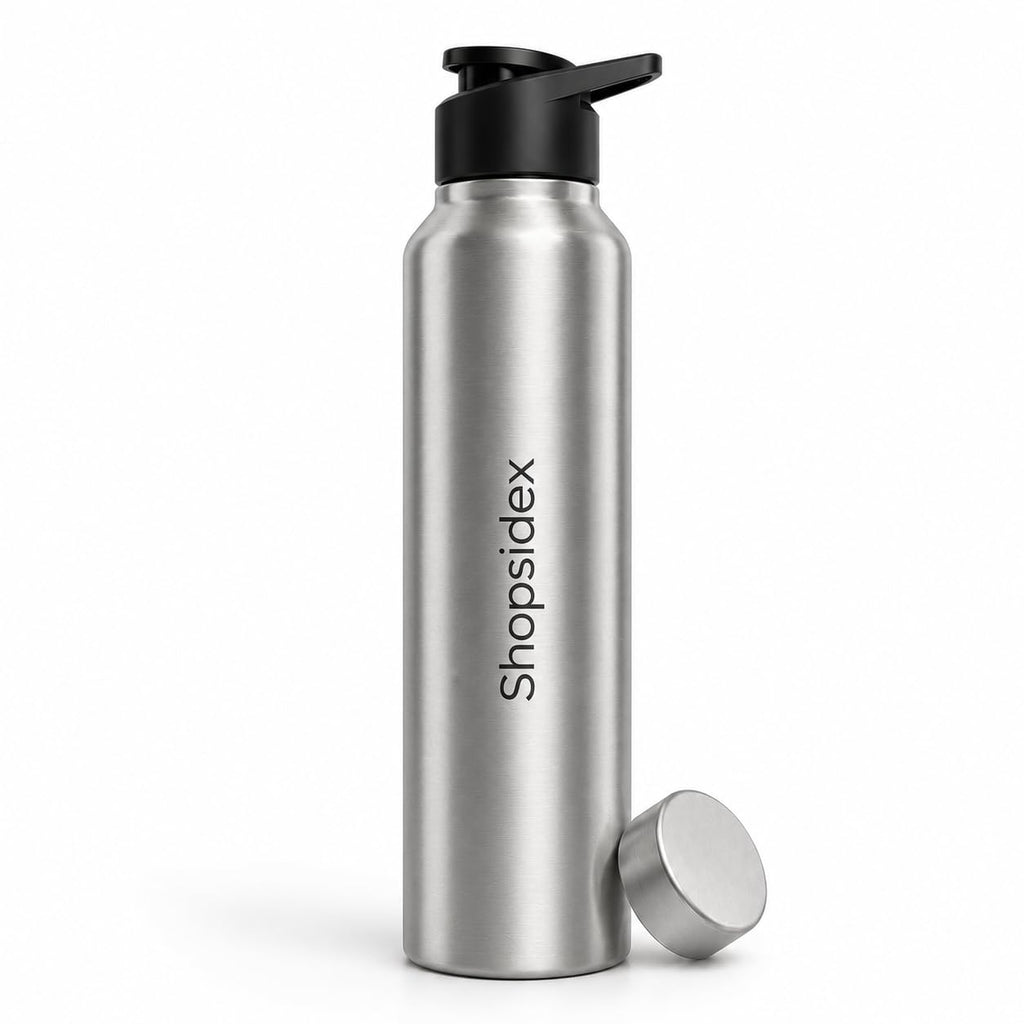 Water Bottle 1 ltr Stainless Steel Sports/Fridge Bottle with Dual Cap | Single Wall | For Home, Office, Gym, Travelling | Lightweight | BPA Free, Silver