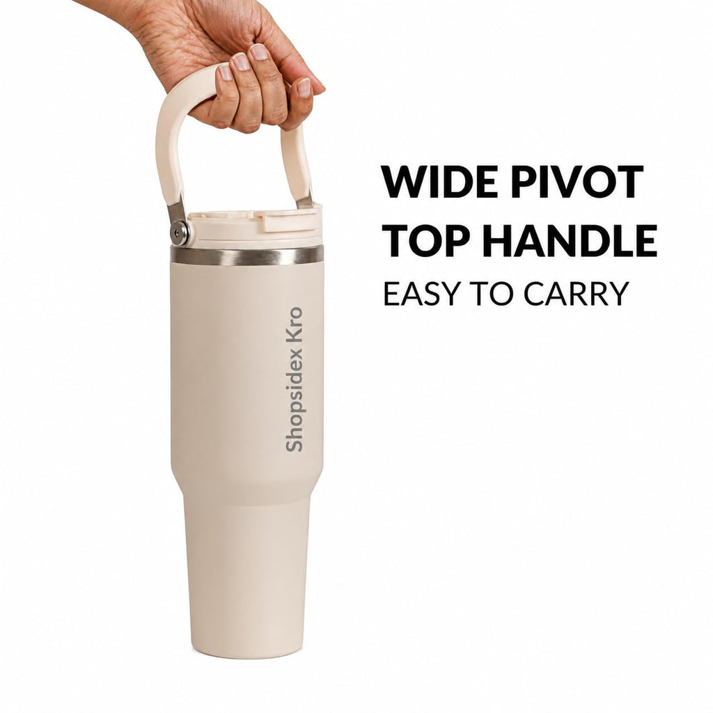 Tumbler with Straw & Top Handle 1.2L | Insulated Stainless Steel Sipper Water Bottle for Adults with Dual Flip Opening Sip-Swig Leakproof Lid for Office & Gym (Pearl White)