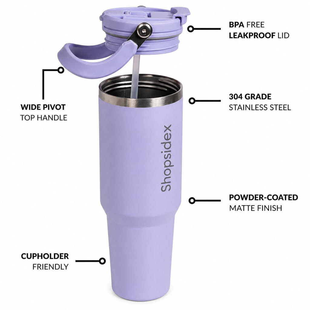 Tumbler with Straw & Top Handle 1.2L | Insulated Stainless Steel Sipper Water Bottle for Adults with Dual Flip Opening Sip-Swig Leakproof Lid for Office & Gym (Periwinkle)
