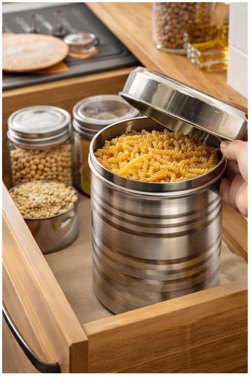 Stainless Steel Container 1 Piece, Silver Stainless Steel Round Dabba Canister Contain Food/Dough/Liquid Capacity NO Joints Storage Box (500 ml)