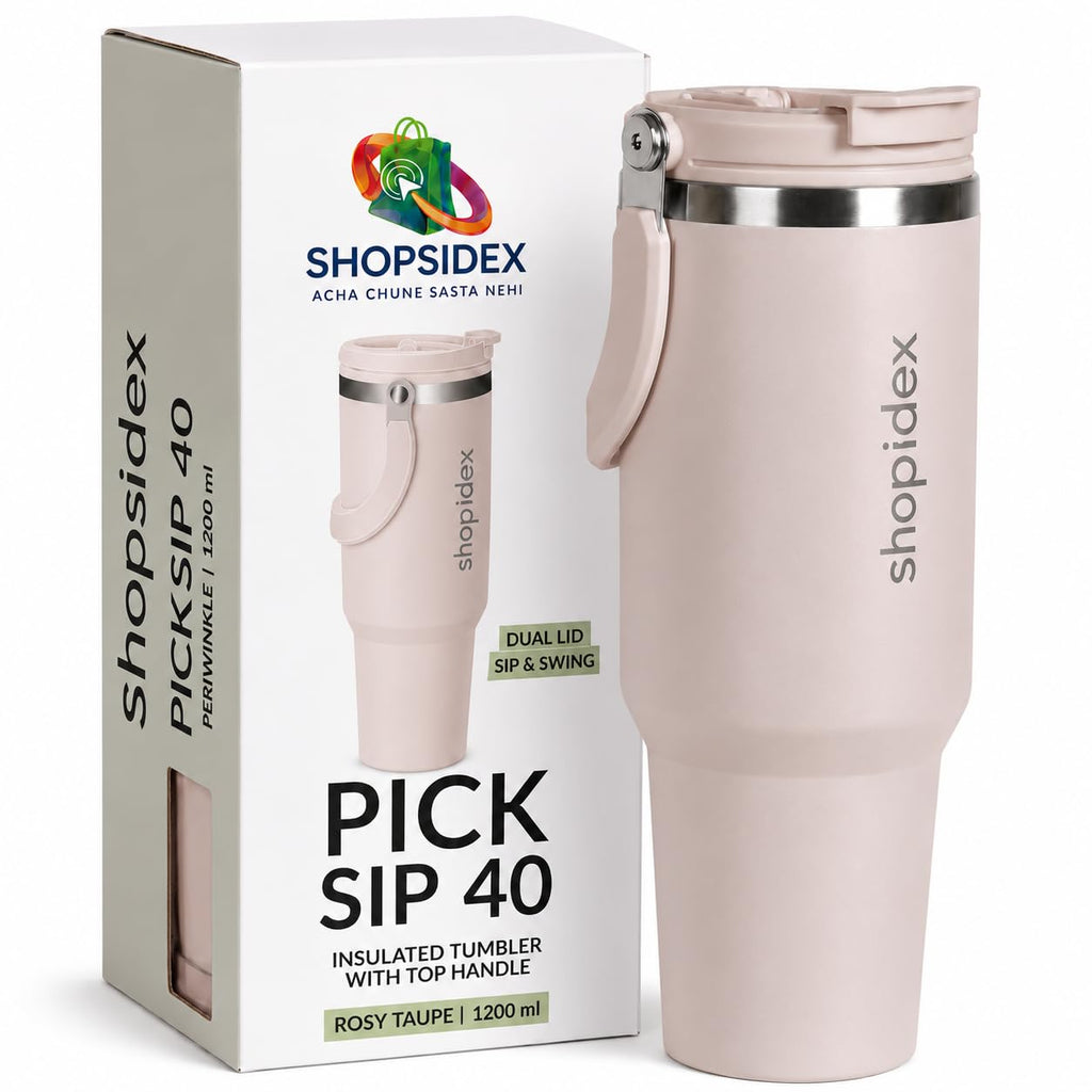 Tumbler with Straw & Top Handle 1.2L | Insulated Stainless Steel Sipper Water Bottle for Adults with Dual Flip Opening Sip-Swig Leakproof Lid for Office & Gym (Rosy Taup)