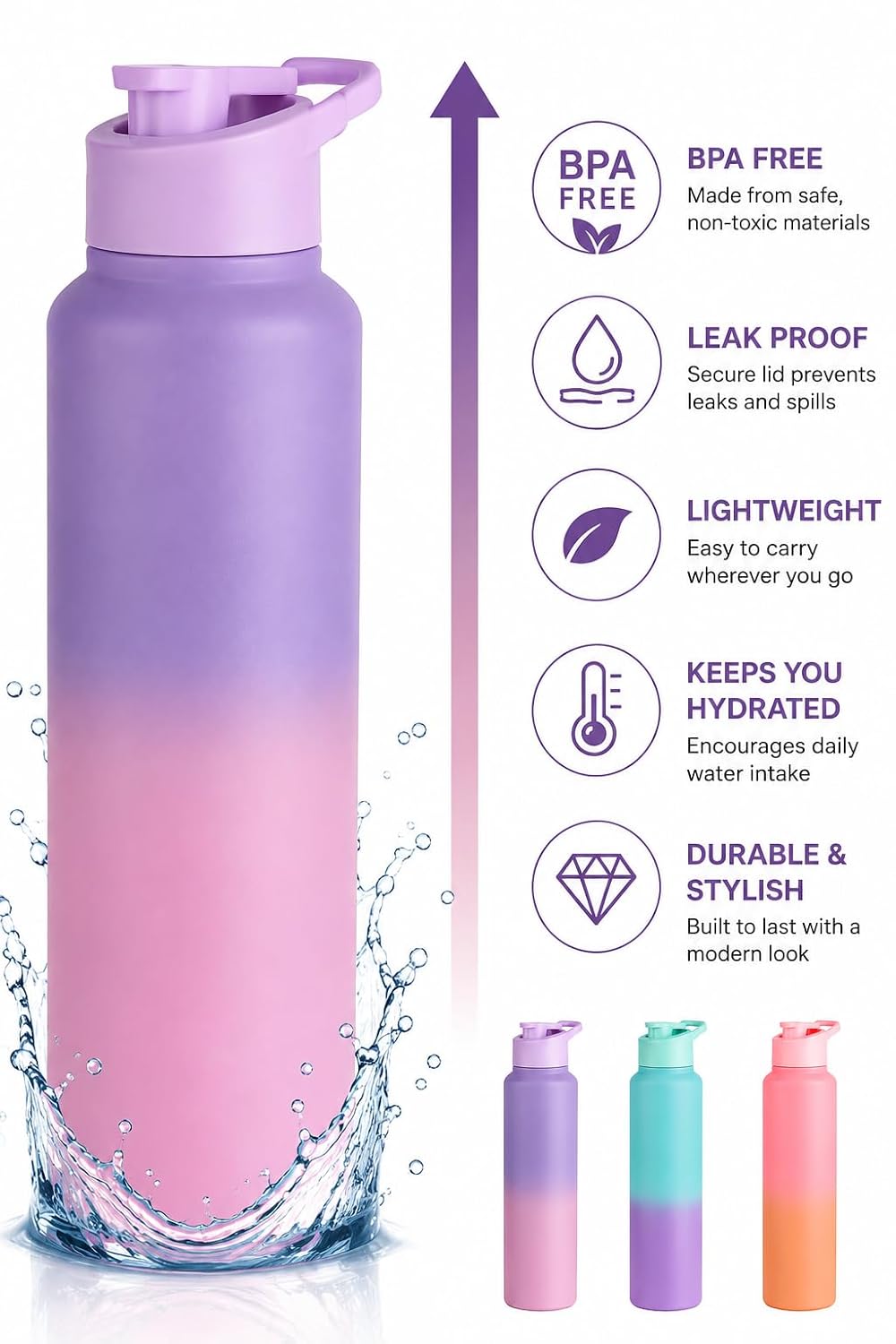 Water Bottle 1 ltr Stainless Steel Sports/Fridge Bottle with Dual Cap | Single Wall | For Home, Office, Gym, Travelling | Lightweight | BPA Free, Purple-Pink