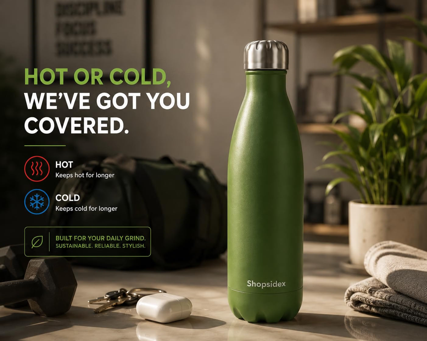 Matt Military Green Stainless Steel Water Bottle 1000ml