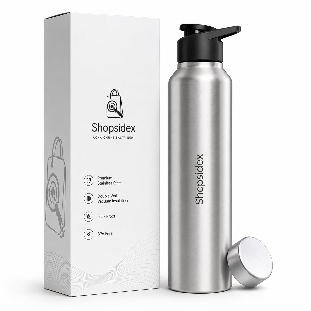 Water Bottle 1 ltr Stainless Steel Sports/Fridge Bottle with Dual Cap | Single Wall | For Home, Office, Gym, Travelling | Lightweight | BPA Free, Silver