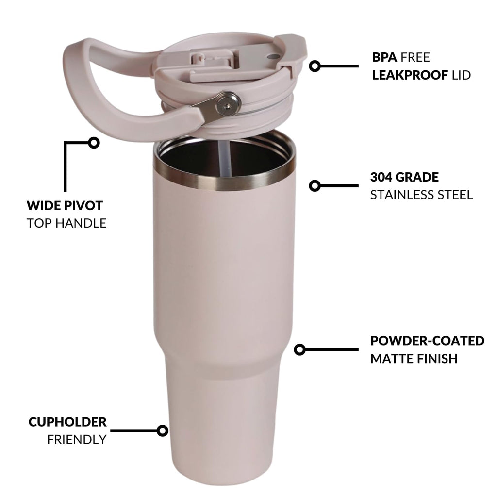 Tumbler with Straw & Top Handle 1.2L | Insulated Stainless Steel Sipper Water Bottle for Adults with Dual Flip Opening Sip-Swig Leakproof Lid for Office & Gym (Rosy Taup)