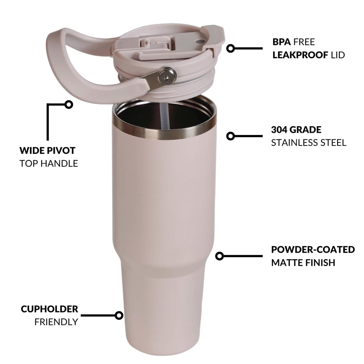 Tumbler with Straw & Top Handle 1.2L | Insulated Stainless Steel Sipper Water Bottle for Adults with Dual Flip Opening Sip-Swig Leakproof Lid for Office & Gym (Rosy Taup)