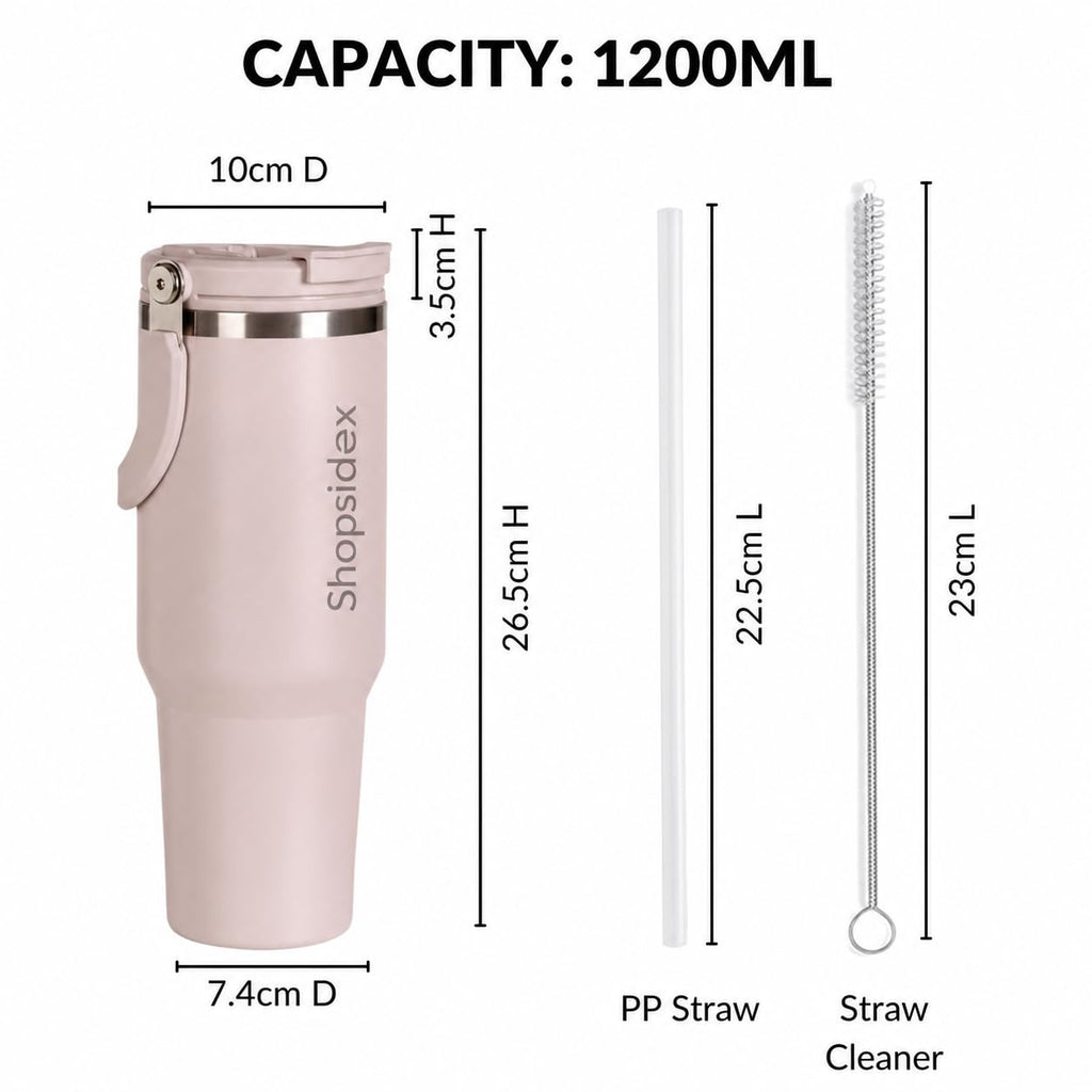 Tumbler with Straw & Top Handle 1.2L | Insulated Stainless Steel Sipper Water Bottle for Adults with Dual Flip Opening Sip-Swig Leakproof Lid for Office & Gym (Rosy Taup)
