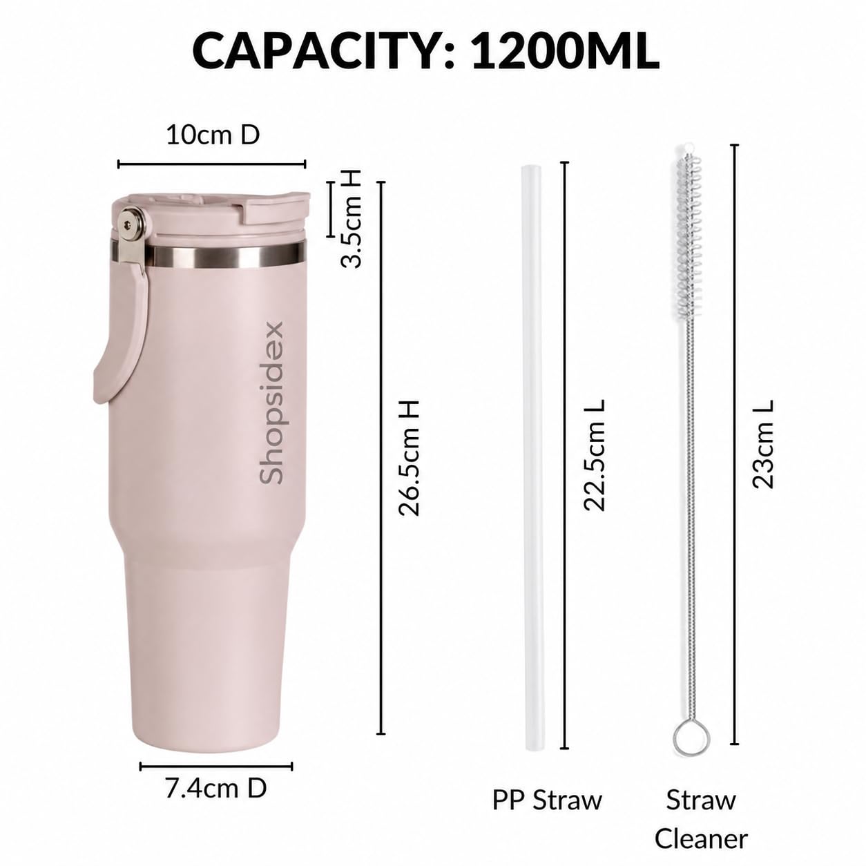 Tumbler with Straw & Top Handle 1.2L | Insulated Stainless Steel Sipper Water Bottle for Adults with Dual Flip Opening Sip-Swig Leakproof Lid for Office & Gym (Rosy Taup)