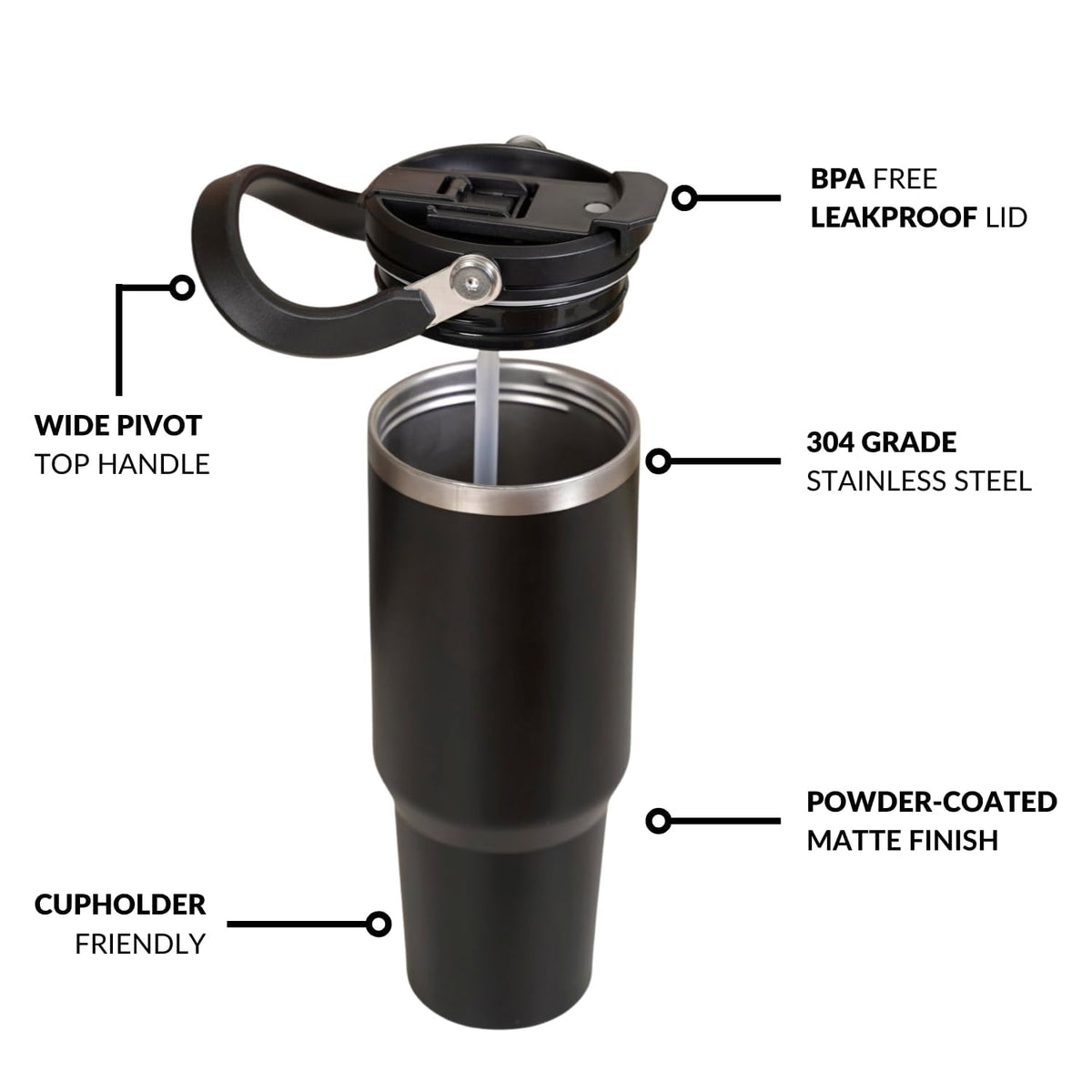 Tumbler with Straw & Top Handle 1.2L | Insulated Stainless Steel Sipper Water Bottle for Adults with Dual Flip Opening Sip-Swig Leakproof Lid for Office & Gym (Black Noir)