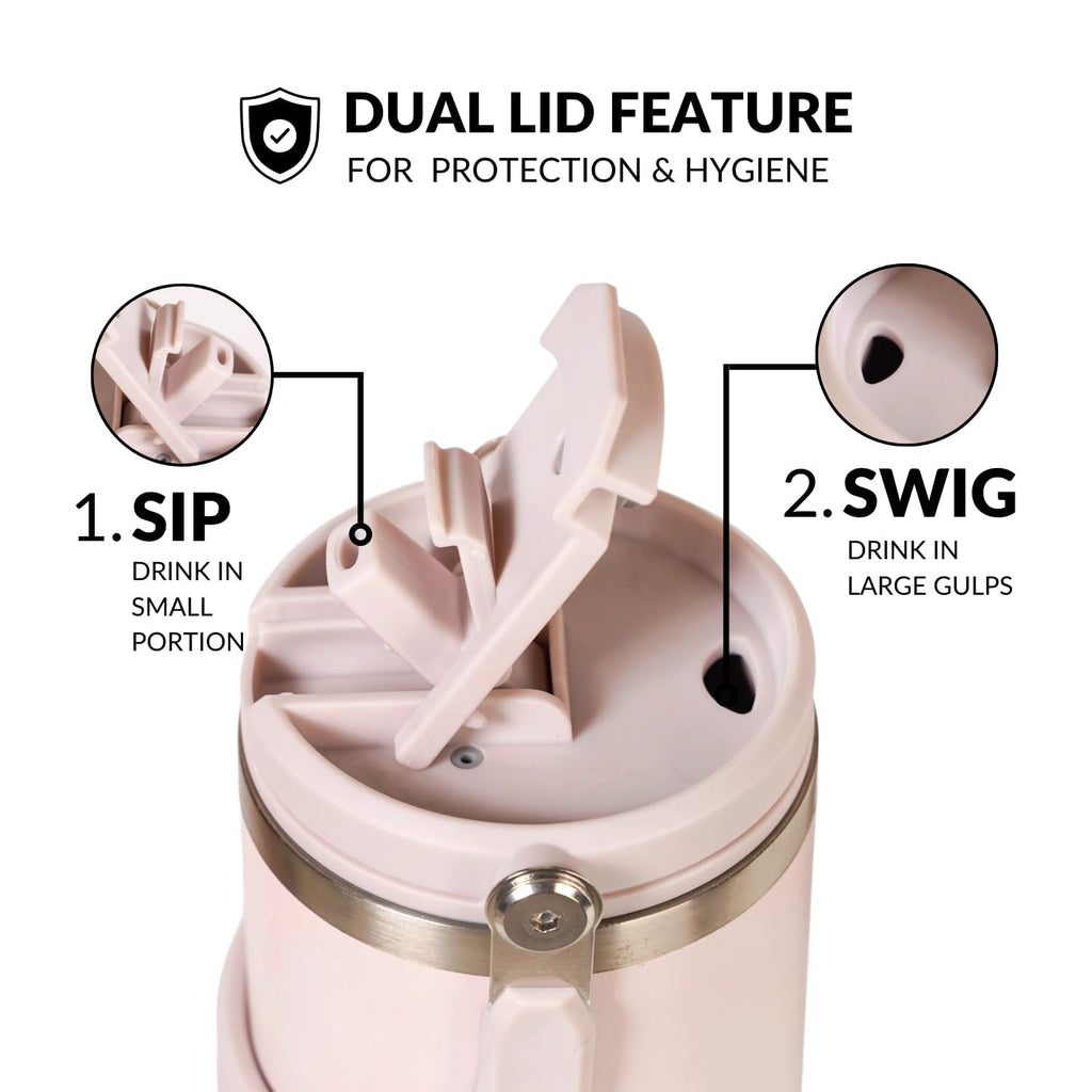 Tumbler with Straw & Top Handle 1.2L | Insulated Stainless Steel Sipper Water Bottle for Adults with Dual Flip Opening Sip-Swig Leakproof Lid for Office & Gym (Rosy Taup)