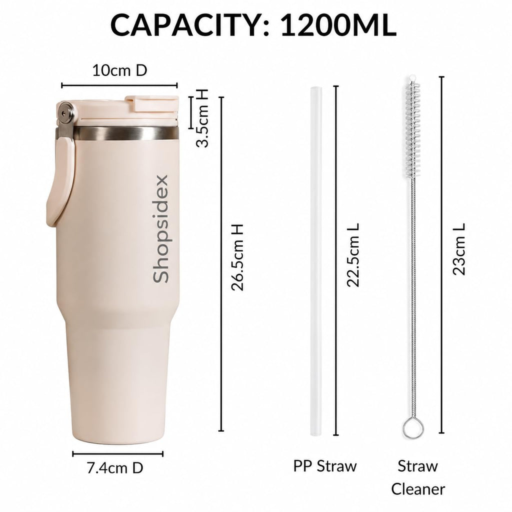Tumbler with Straw & Top Handle 1.2L | Insulated Stainless Steel Sipper Water Bottle for Adults with Dual Flip Opening Sip-Swig Leakproof Lid for Office & Gym (Pearl White)