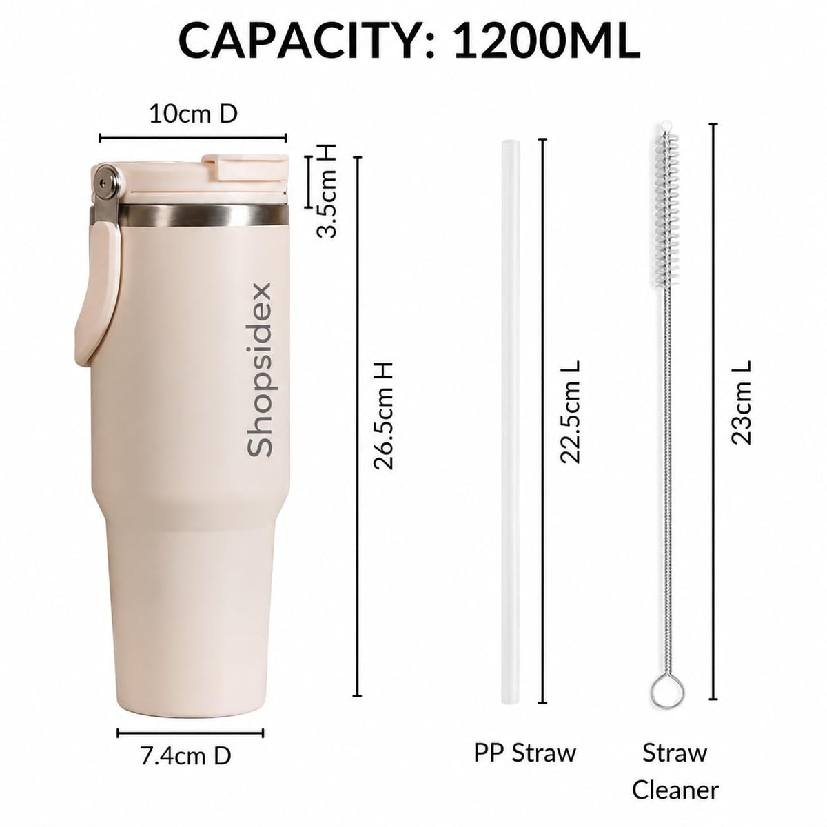 Tumbler with Straw & Top Handle 1.2L | Insulated Stainless Steel Sipper Water Bottle for Adults with Dual Flip Opening Sip-Swig Leakproof Lid for Office & Gym (Pearl White)
