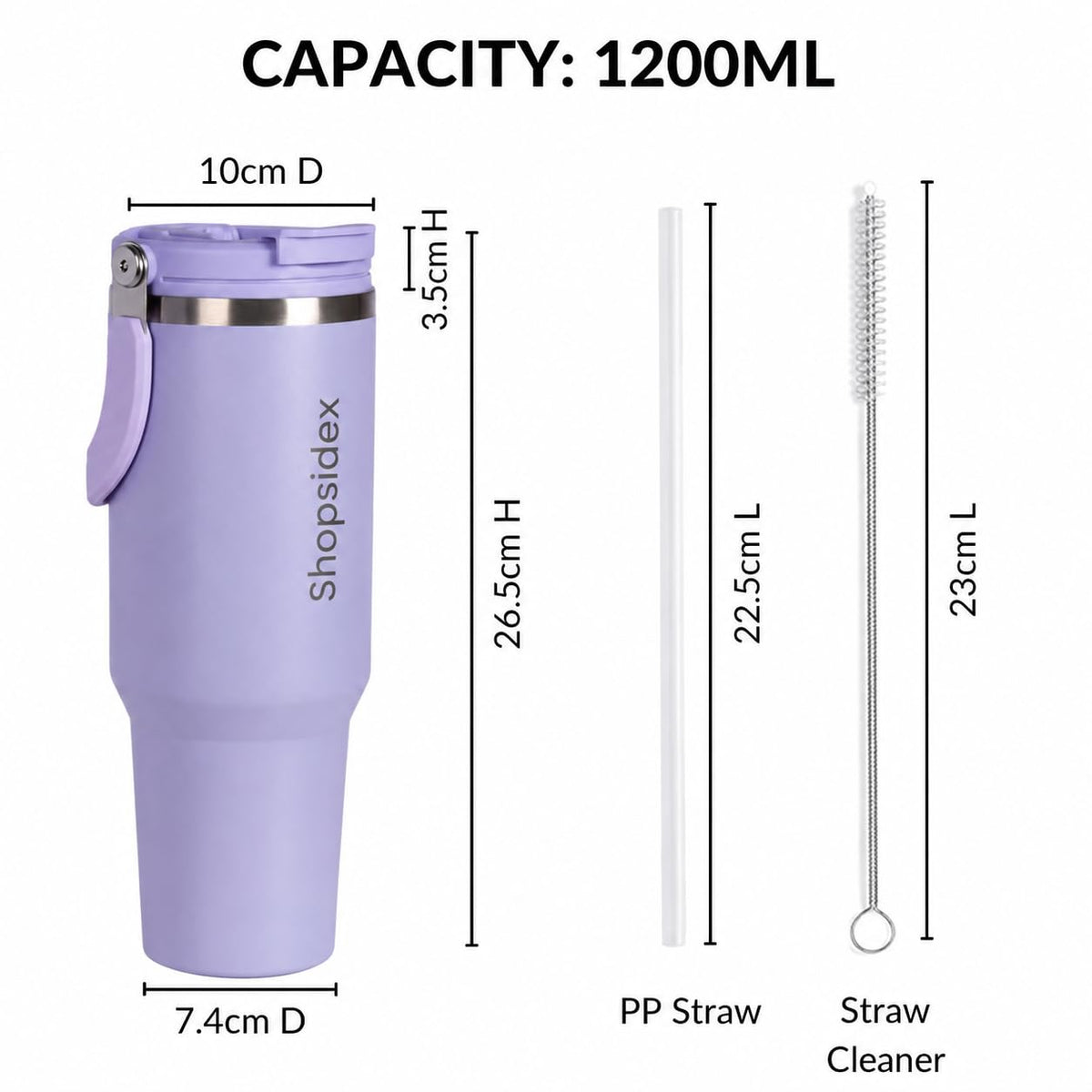 Tumbler with Straw & Top Handle 1.2L | Insulated Stainless Steel Sipper Water Bottle for Adults with Dual Flip Opening Sip-Swig Leakproof Lid for Office & Gym (Periwinkle)