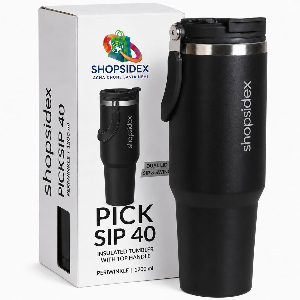 Tumbler with Straw & Top Handle 1.2L | Insulated Stainless Steel Sipper Water Bottle for Adults with Dual Flip Opening Sip-Swig Leakproof Lid for Office & Gym (Black Noir)