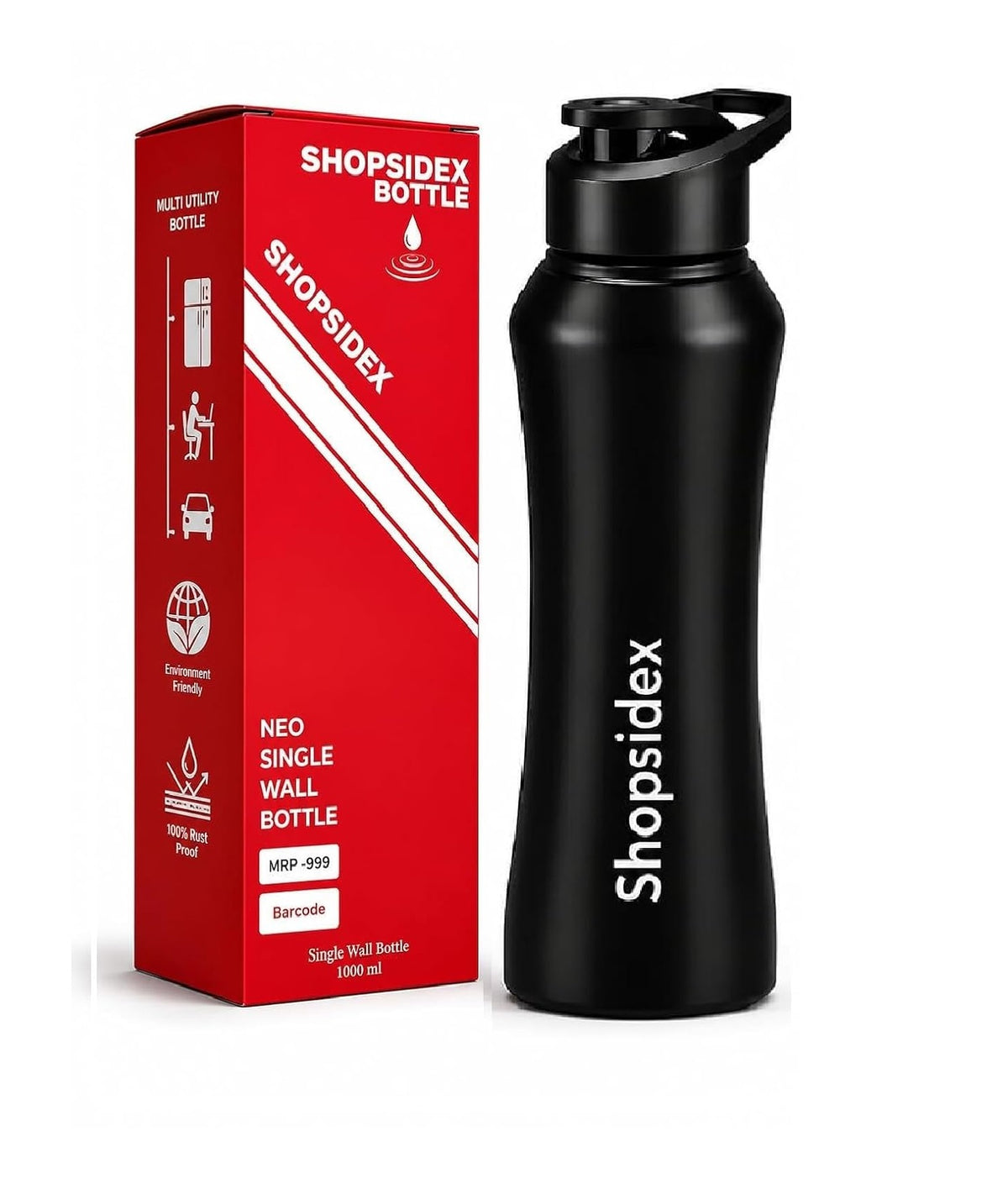 Shopsidex Shipper water bottle 1000 Stainless Steel Water Bottle 1000 ml, Single Walled, ISI Certified I Leak Proof Lid, Rust Proof I For School, Office, Gym I Black Black curve (Pack of 1)