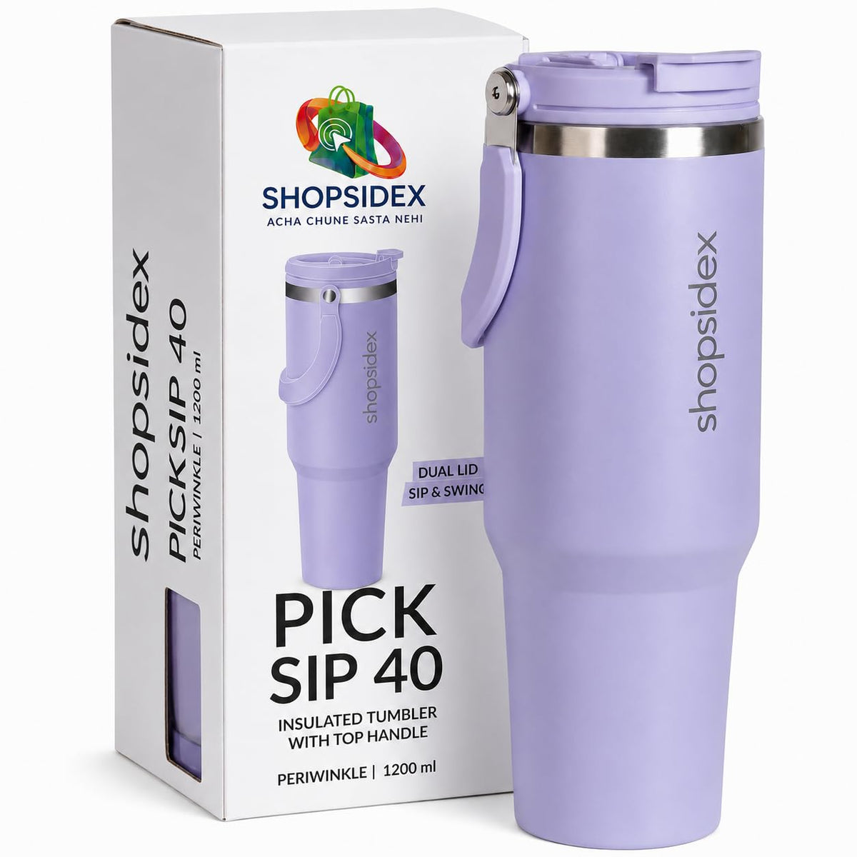 Tumbler with Straw & Top Handle 1.2L | Insulated Stainless Steel Sipper Water Bottle for Adults with Dual Flip Opening Sip-Swig Leakproof Lid for Office & Gym (Periwinkle)