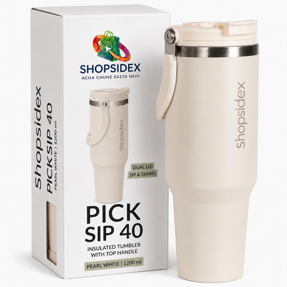 Tumbler with Straw & Top Handle 1.2L | Insulated Stainless Steel Sipper Water Bottle for Adults with Dual Flip Opening Sip-Swig Leakproof Lid for Office & Gym (Pearl White)