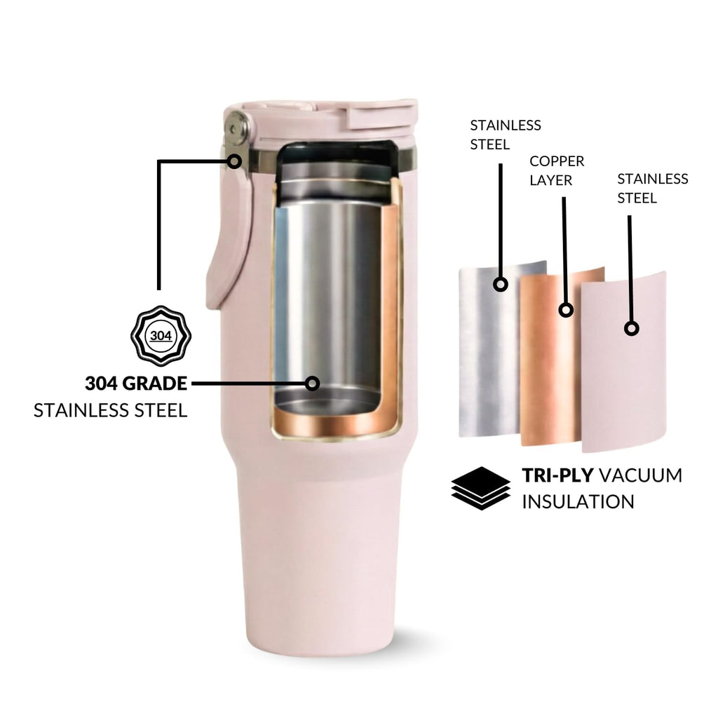 Tumbler with Straw & Top Handle 1.2L | Insulated Stainless Steel Sipper Water Bottle for Adults with Dual Flip Opening Sip-Swig Leakproof Lid for Office & Gym (Rosy Taup)