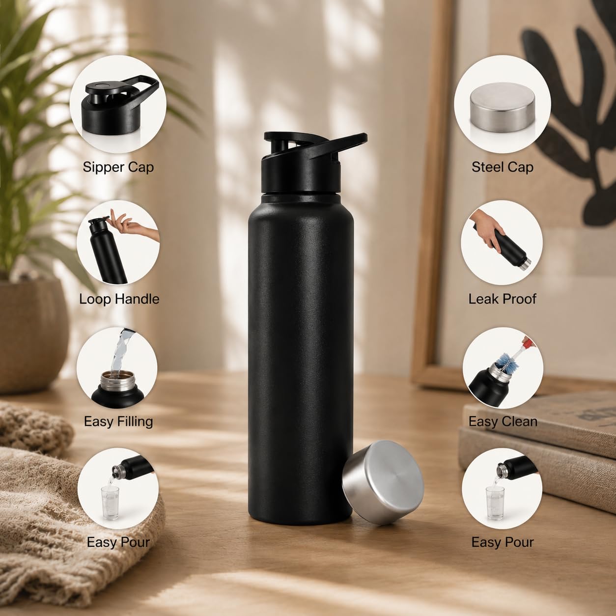 Water Bottle 1 ltr Stainless Steel Sports/Fridge Bottle with Dual Cap | Single Wall | For Home, Office, Gym, Travelling | Lightweight | BPA Free, Black