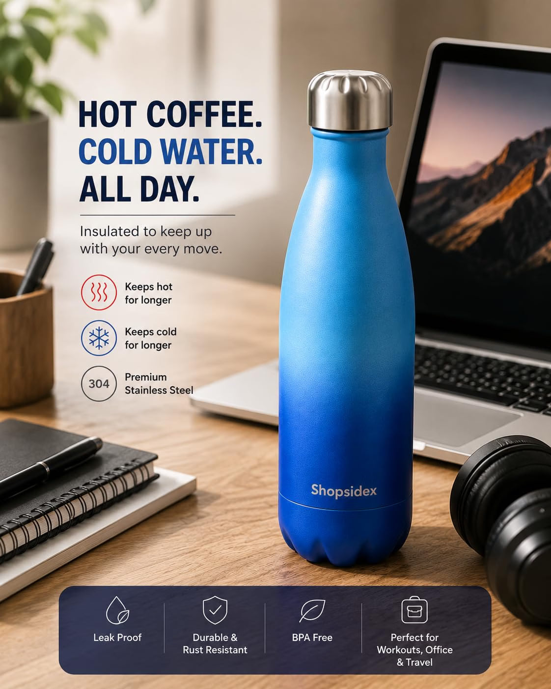 Matt Ocean Blue Stainless Steel Water Bottle 1000ml