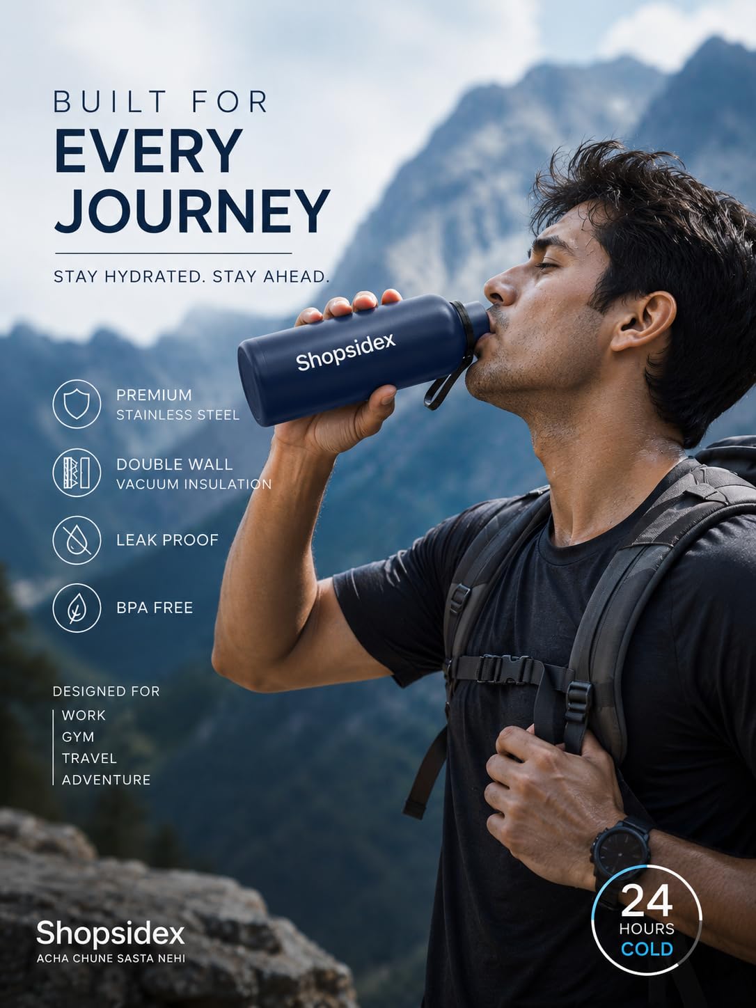 Water Bottle 1 LTR Stainless Steel | Hot and Cold Flask | ISI Certified Steel Bottle 2 Layer Insulation