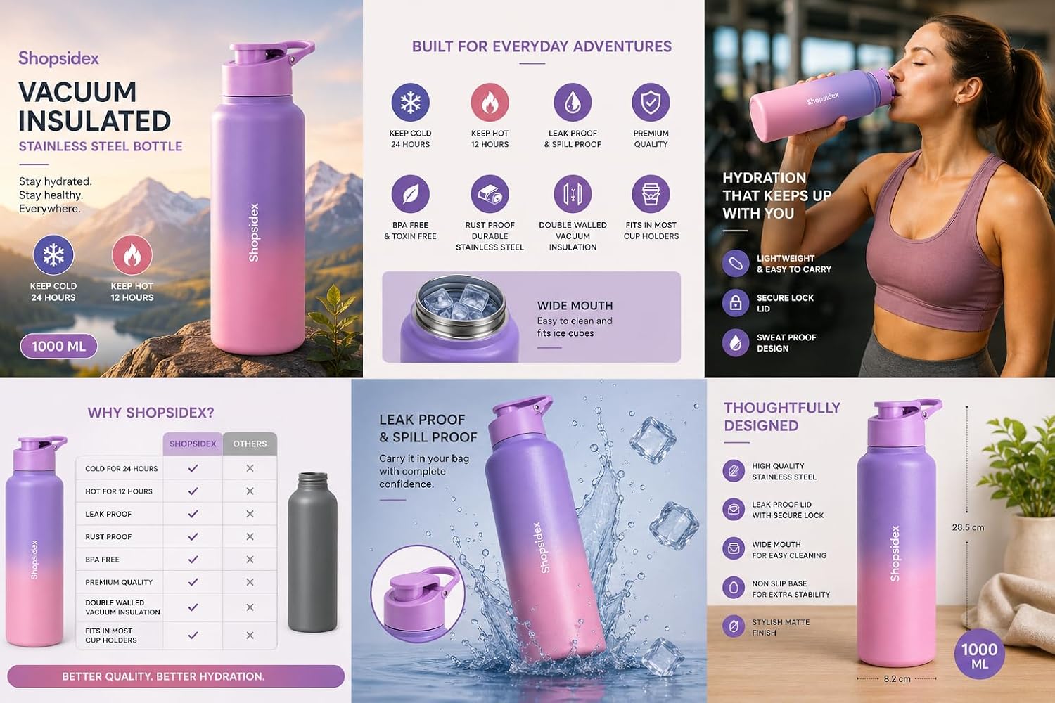 Water Bottle 1 ltr Stainless Steel Sports/Fridge Bottle with Dual Cap | Single Wall | For Home, Office, Gym, Travelling | Lightweight | BPA Free, Purple-Pink
