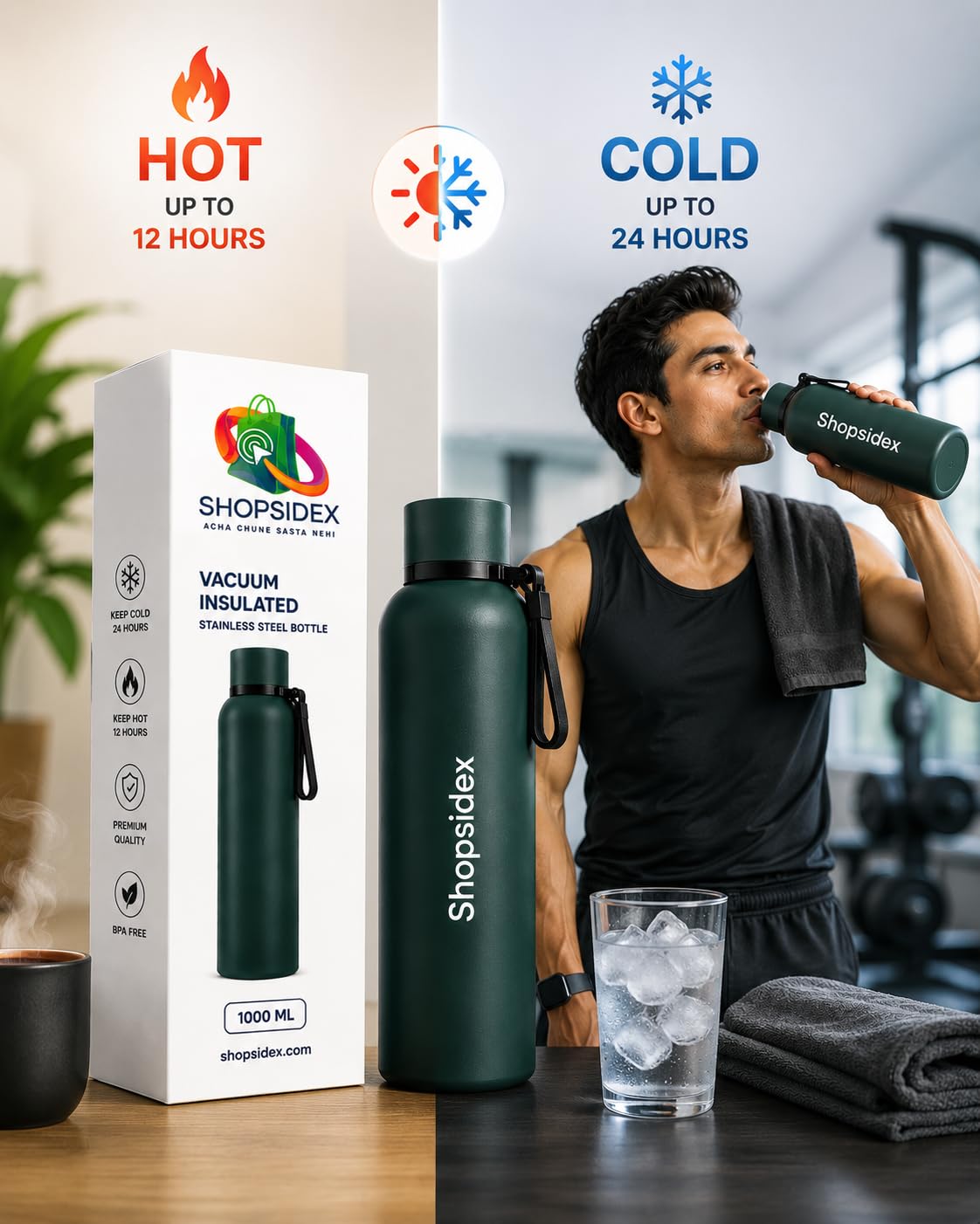 Water Bottle 1 LTR Stainless Steel | Hot and Cold Flask | ISI Certified Steel Bottle 2 Layer Insulation