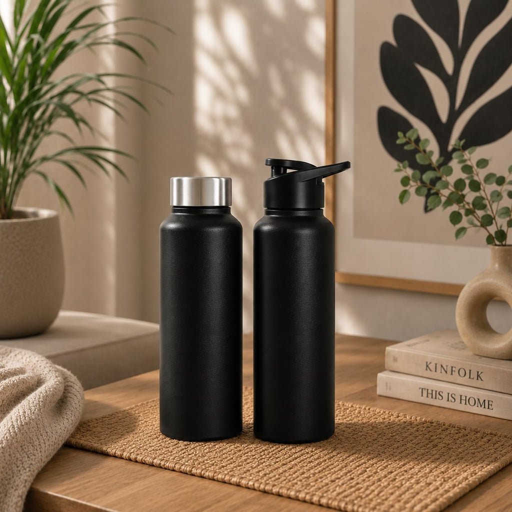 Water Bottle 1 ltr Stainless Steel Sports/Fridge Bottle with Dual Cap | Single Wall | For Home, Office, Gym, Travelling | Lightweight | BPA Free, Black