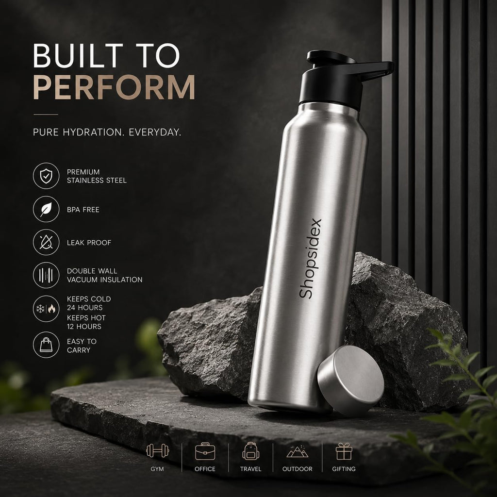 Water Bottle 1 ltr Stainless Steel Sports/Fridge Bottle with Dual Cap | Single Wall | For Home, Office, Gym, Travelling | Lightweight | BPA Free, Silver