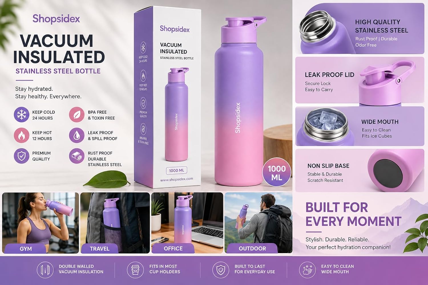 Water Bottle 1 ltr Stainless Steel Sports/Fridge Bottle with Dual Cap | Single Wall | For Home, Office, Gym, Travelling | Lightweight | BPA Free, Purple-Pink