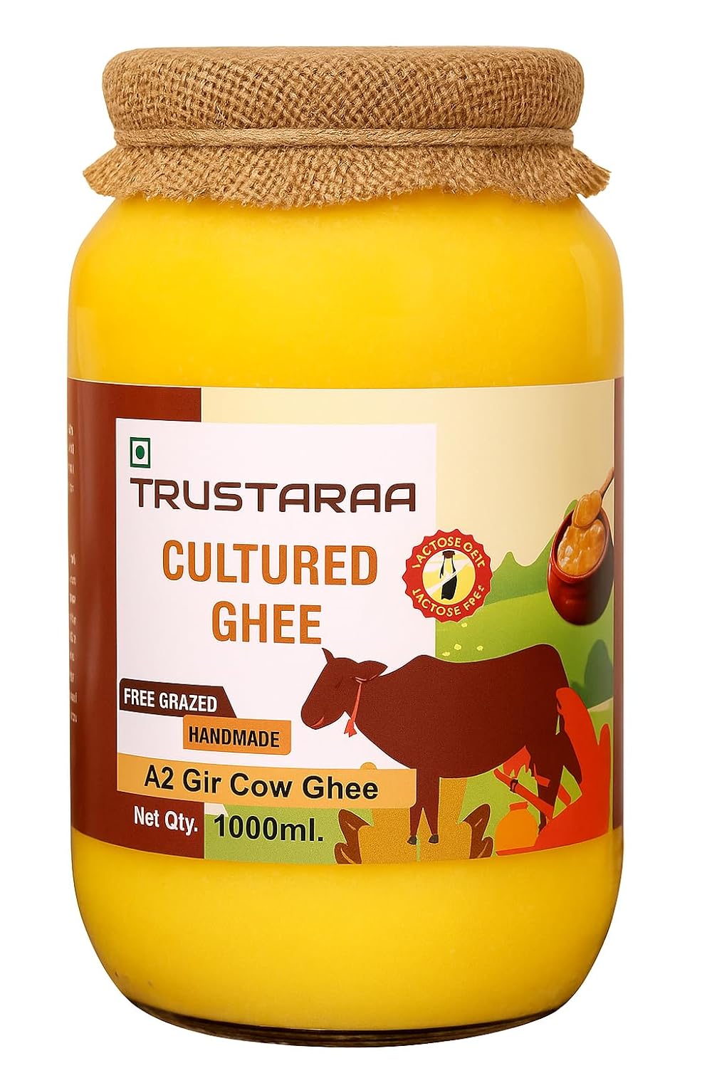 Trustaraa Cow Ghee Cultured Ghee A2 Gir Cow Ghee | Traditional Bilona Method A2 Cow Ghee | Grassfed, Pure and Healthy Desi Cow Ghee (Glass Bottle) (1000 ML)
