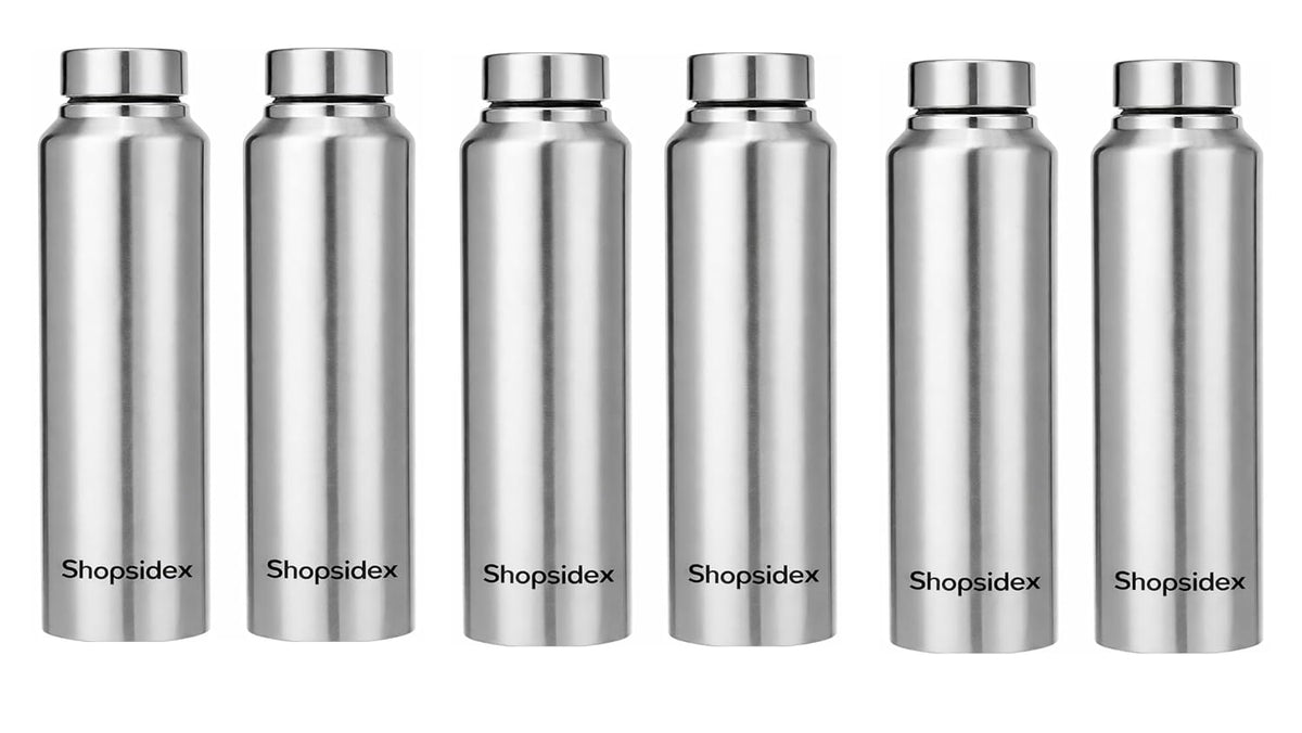 Shopsidex water bottle Stainless Steel Water Bottle, 1000 ml, Silver, Leak-Proof, Modern Design Stainless Steel Water Bottle,school/college/office/home/kitchen/gym/travelling (Pack 6)