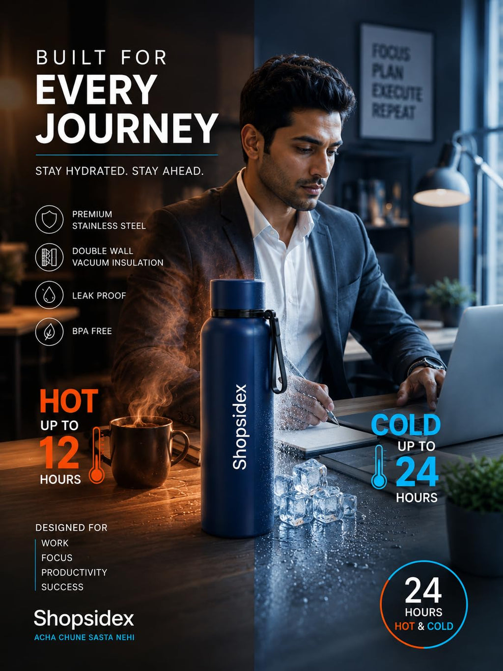 Water Bottle 1 LTR Stainless Steel | Hot and Cold Flask | ISI Certified Steel Bottle 2 Layer Insulation