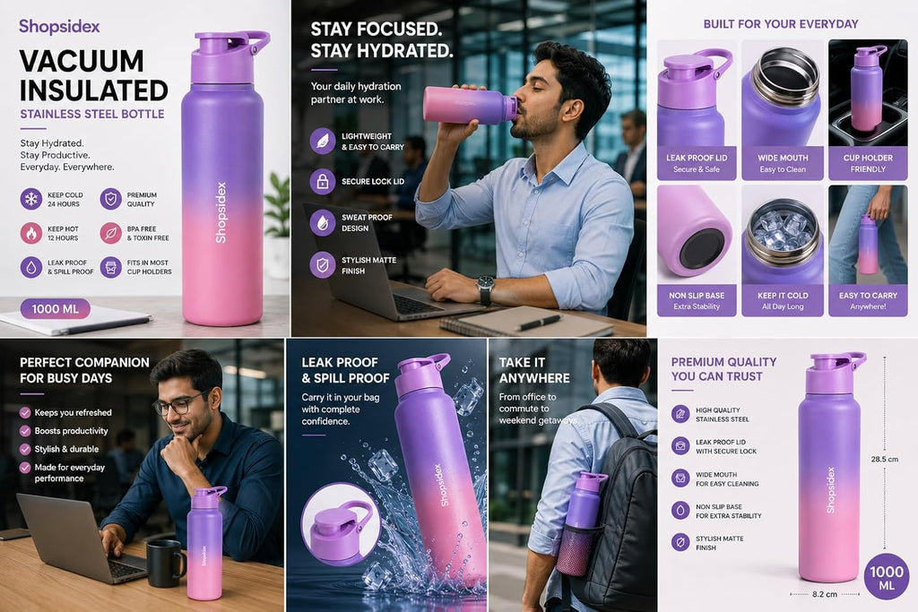 Water Bottle 1 ltr Stainless Steel Sports/Fridge Bottle with Dual Cap | Single Wall | For Home, Office, Gym, Travelling | Lightweight | BPA Free, Purple-Pink