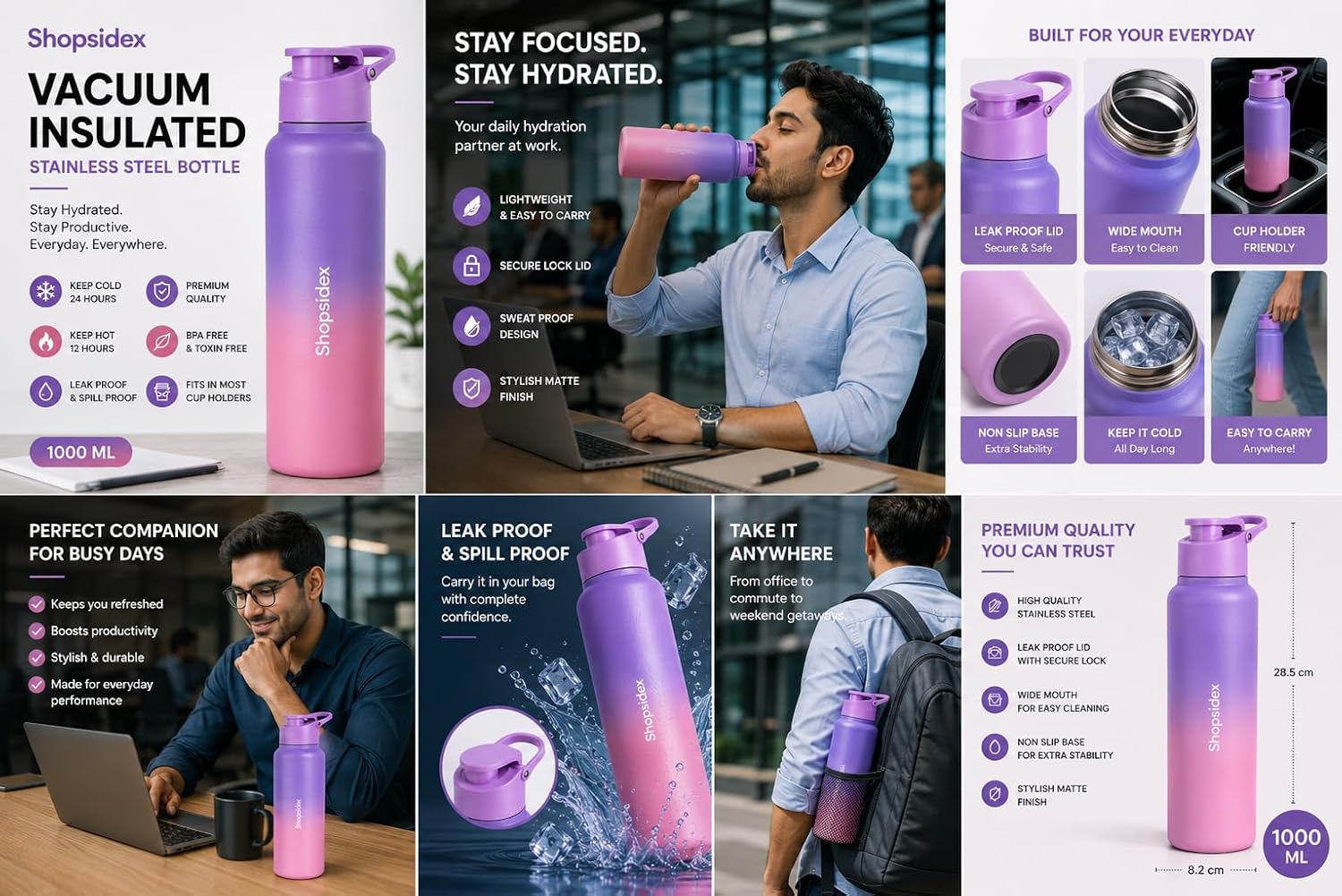 Water Bottle 1 ltr Stainless Steel Sports/Fridge Bottle with Dual Cap | Single Wall | For Home, Office, Gym, Travelling | Lightweight | BPA Free, Purple-Pink