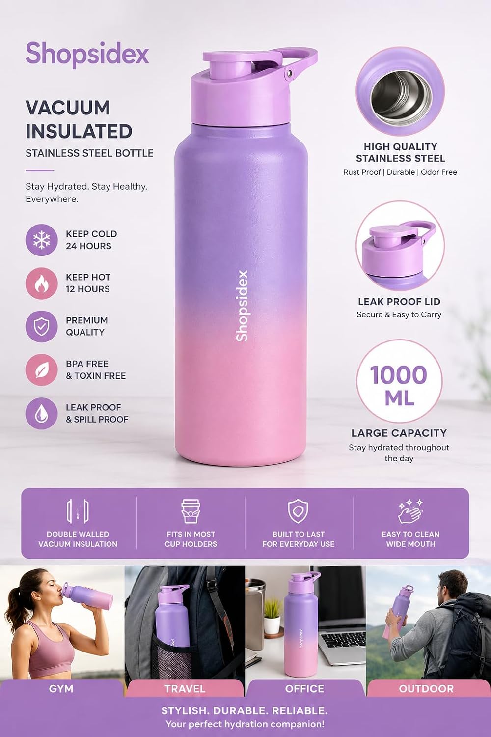 Water Bottle 1 ltr Stainless Steel Sports/Fridge Bottle with Dual Cap | Single Wall | For Home, Office, Gym, Travelling | Lightweight | BPA Free, Purple-Pink
