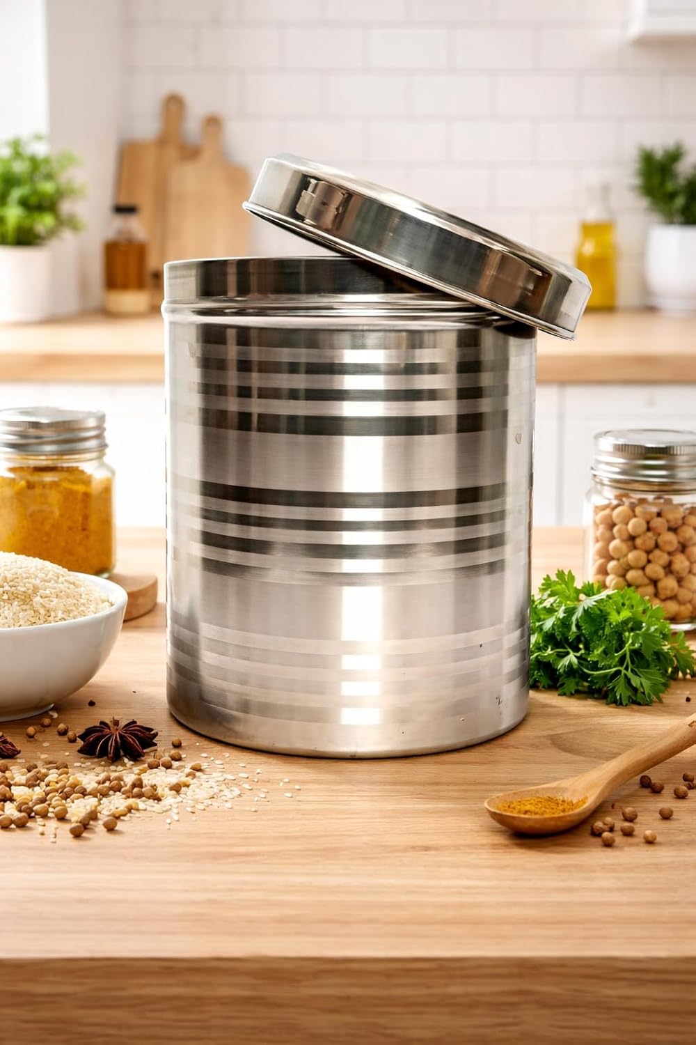 Stainless Steel Container 1 Piece, Silver Stainless Steel Round Dabba Canister Contain Food/Dough/Liquid Capacity NO Joints Storage Box (500 ml)