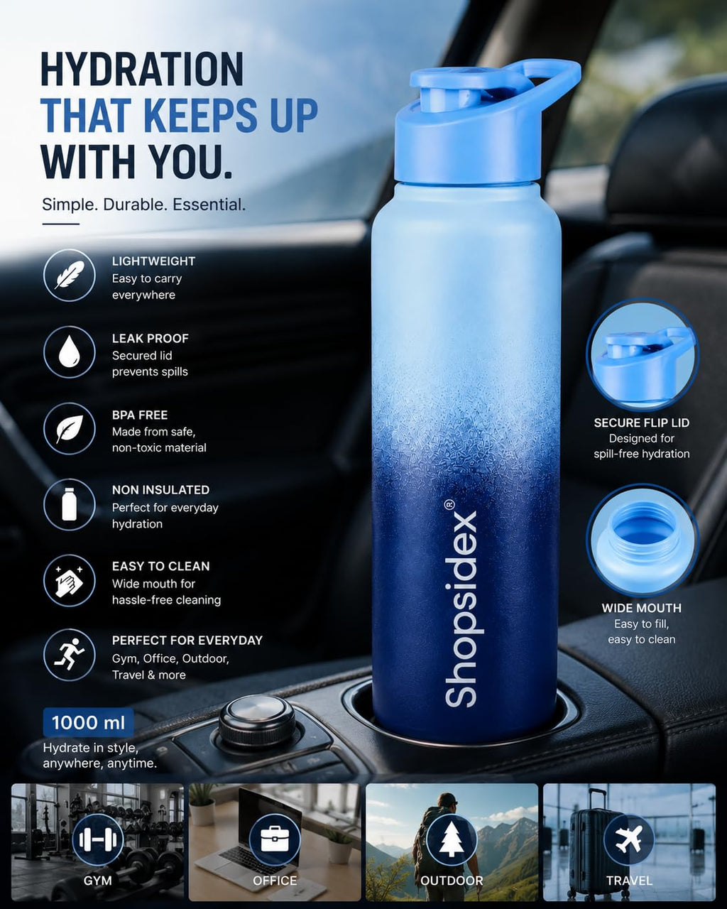 Water Bottle 1 ltr Stainless Steel Sports/Fridge Bottle with Dual Cap |