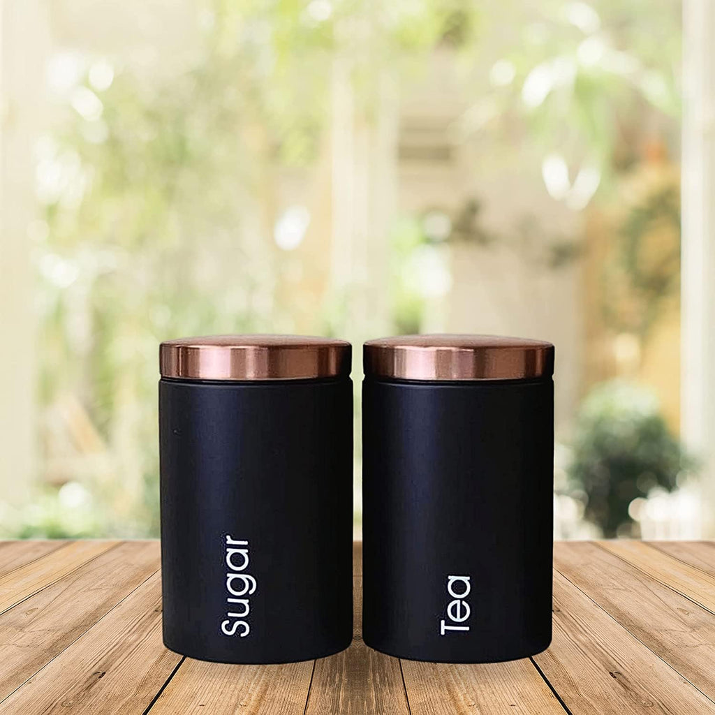 Tea Coffee Sugar Containers Set Jars For Kitchen | Stainless Steel Canister| 500 Gms, Black (Tea & Sugar Containers (Black))