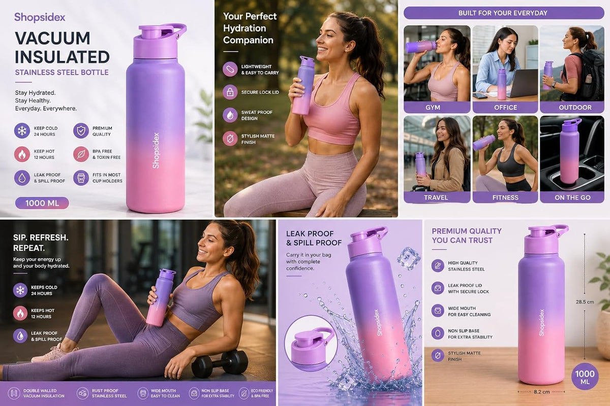 Water Bottle 1 ltr Stainless Steel Sports/Fridge Bottle with Dual Cap | Single Wall | For Home, Office, Gym, Travelling | Lightweight | BPA Free, Purple-Pink