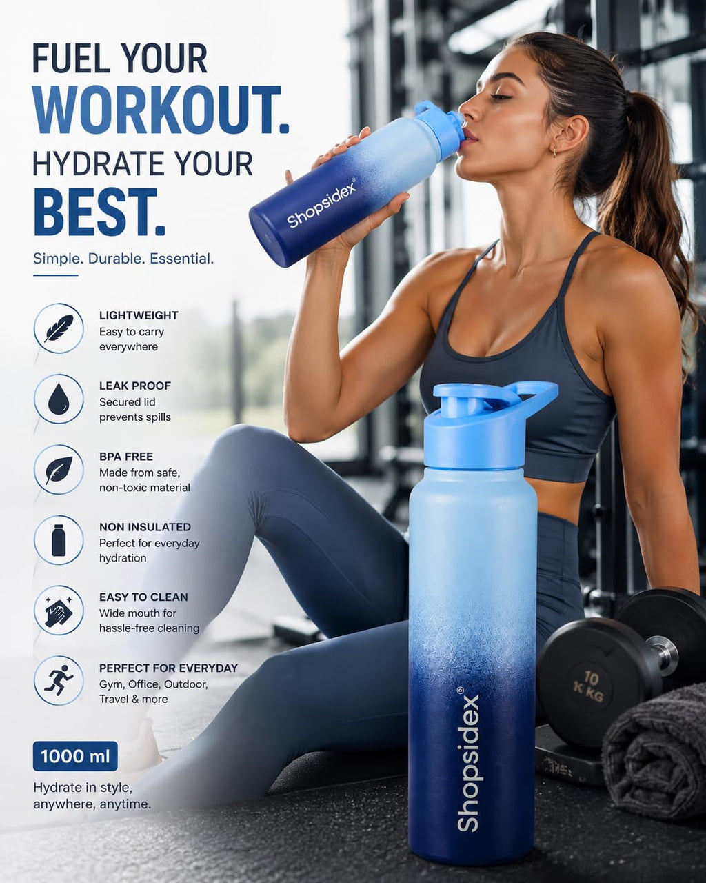 Water Bottle 1 ltr Stainless Steel Sports/Fridge Bottle with Dual Cap |