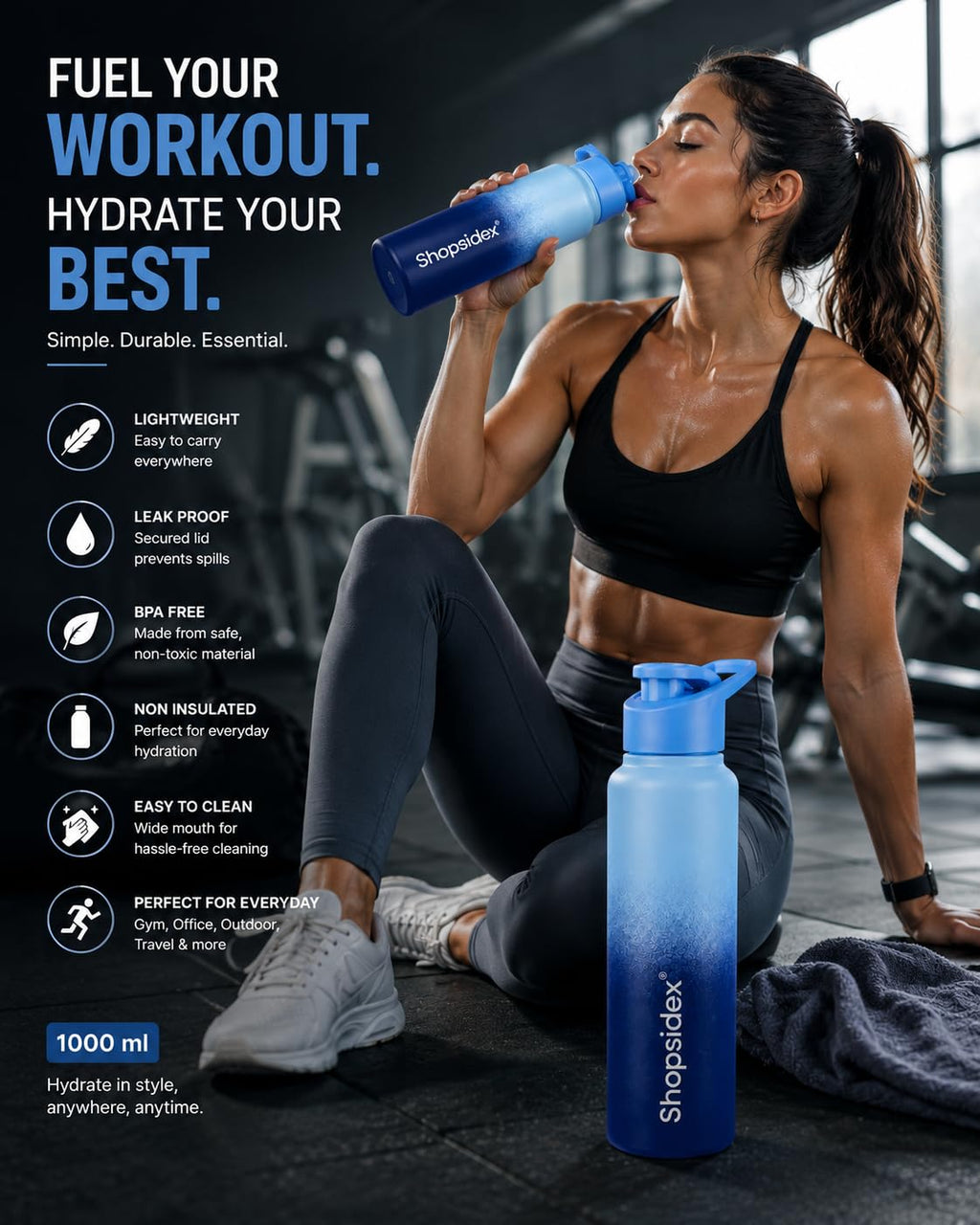 Water Bottle 1 ltr Stainless Steel Sports/Fridge Bottle with Dual Cap |