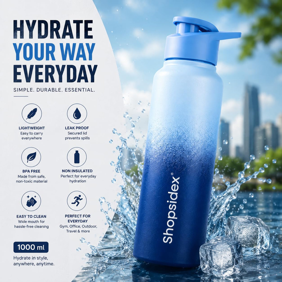 Water Bottle 1 ltr Stainless Steel Sports/Fridge Bottle with Dual Cap |