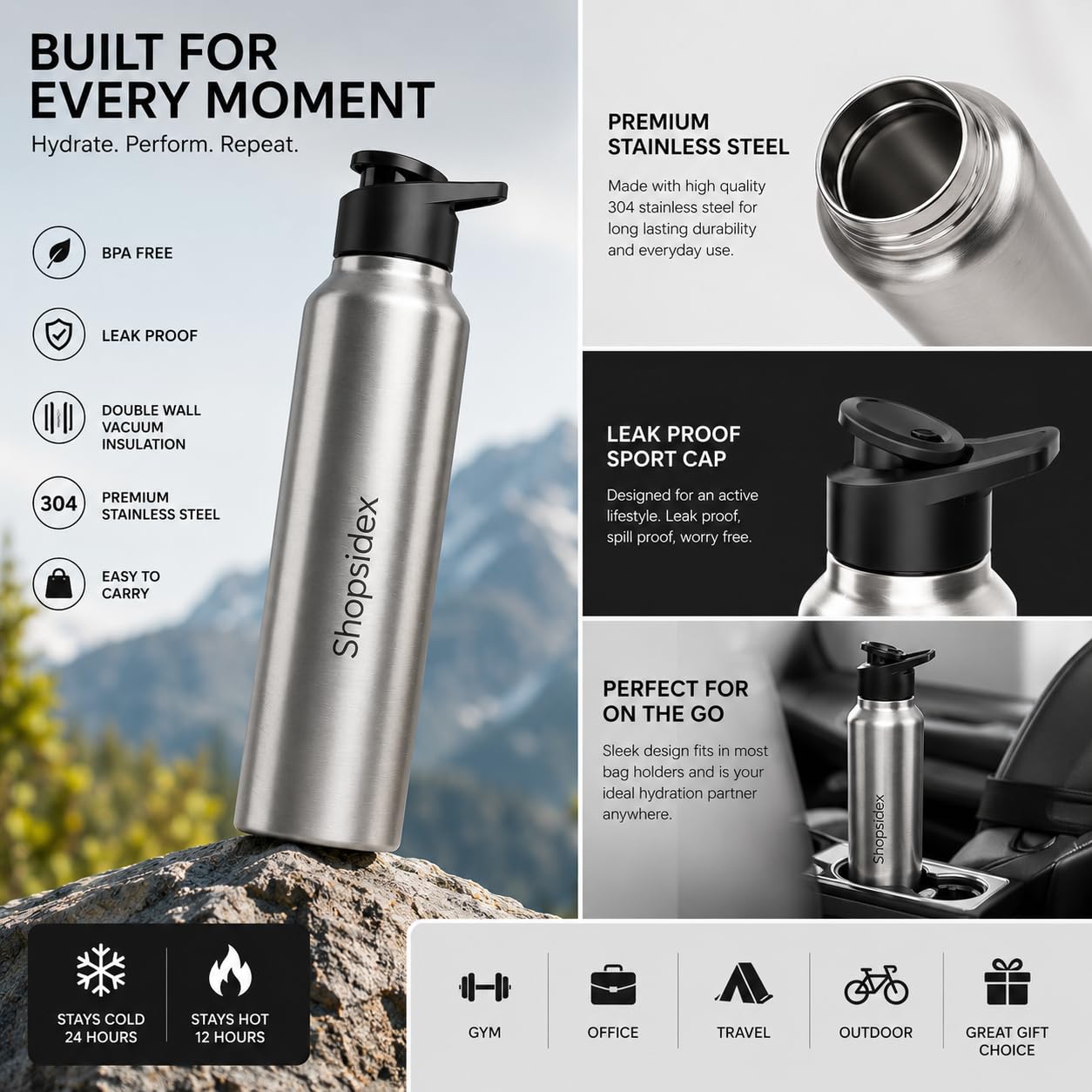 Water Bottle 1 ltr Stainless Steel Sports/Fridge Bottle with Dual Cap | Single Wall | For Home, Office, Gym, Travelling | Lightweight | BPA Free, Silver