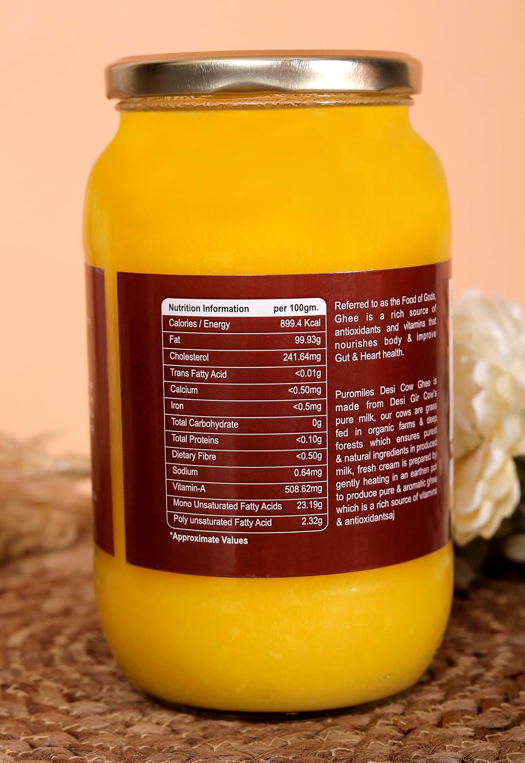 Trustaraa Cow Ghee Cultured Ghee A2 Gir Cow Ghee | Traditional Bilona Method A2 Cow Ghee | Grassfed, Pure and Healthy Desi Cow Ghee (Glass Bottle) (1000 ML)