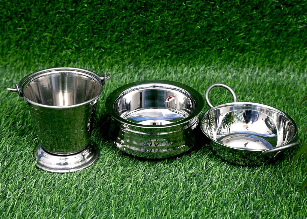 Heavy Duty Stainless Steel Hammered/Mathaar Hotel Dish Serveware Set of Hammered/Mathaar [ Handi (500ml), Kadhai (300ml), Balti (300ml)