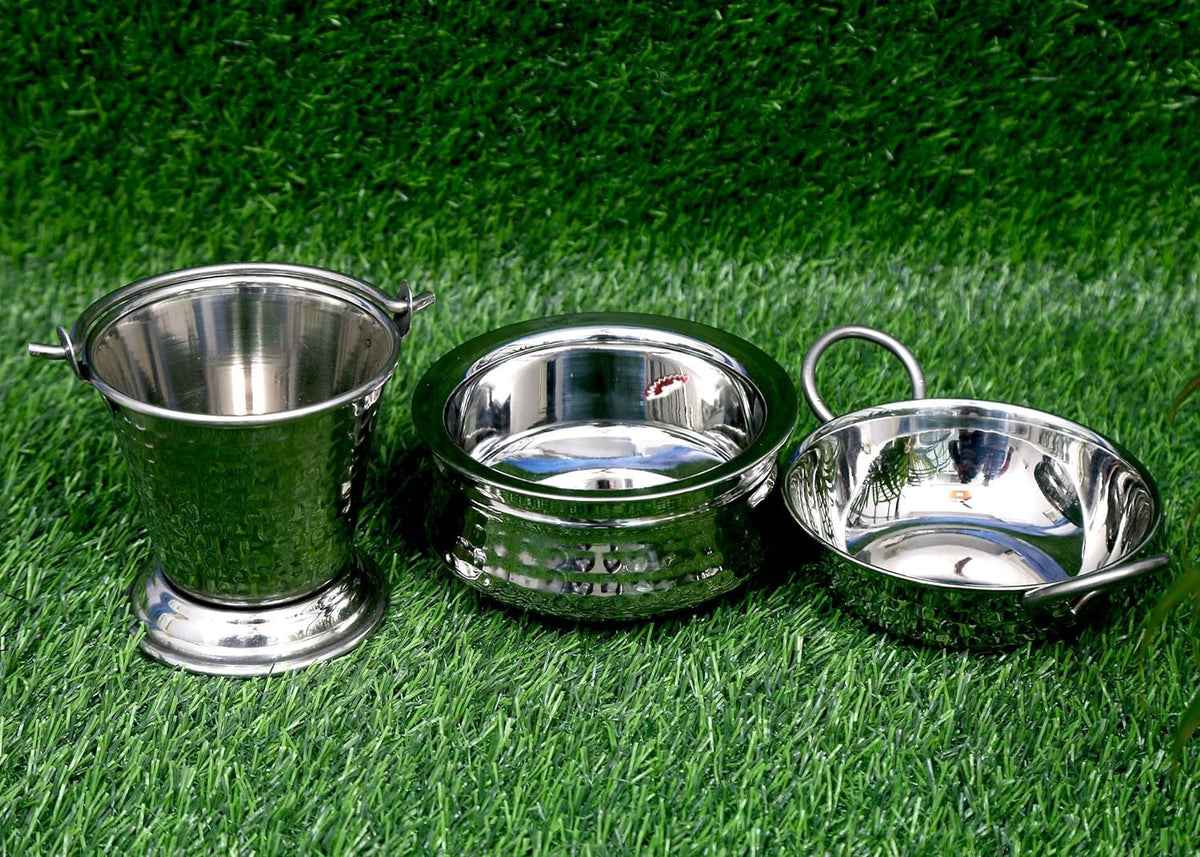 Heavy Duty Stainless Steel Hammered/Mathaar Hotel Dish Serveware Set of Hammered/Mathaar [ Handi (500ml), Kadhai (300ml), Balti (300ml)