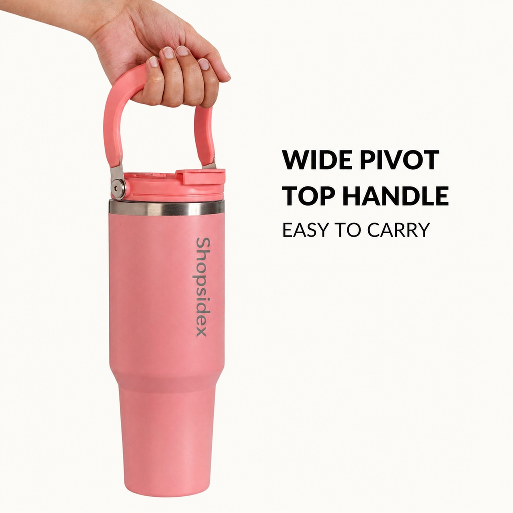 Shopsidex Tumbler with Straw & Top Handle 1.2L |BIS certified Insulated Stainless Steel Sipper Water Bottle for Adults with Dual Flip Opening Sip-Swig Leakproof Lid for Office & Gym (Coral Pop)